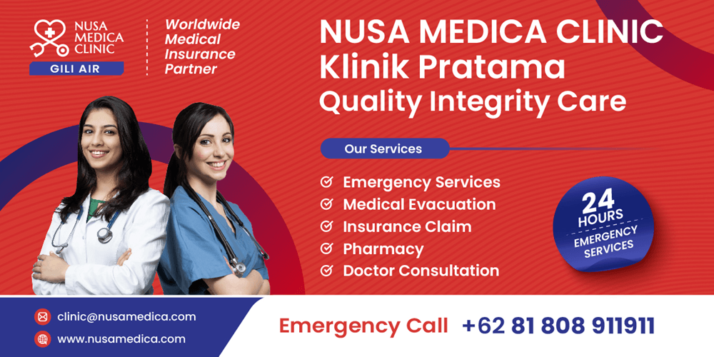 Gili Air doctor at Nusa Medica Clinic providing 24-hour emergency medical services, medical evacuation, insurance claim assistance, pharmacy, and doctor consultation in Gili Air
