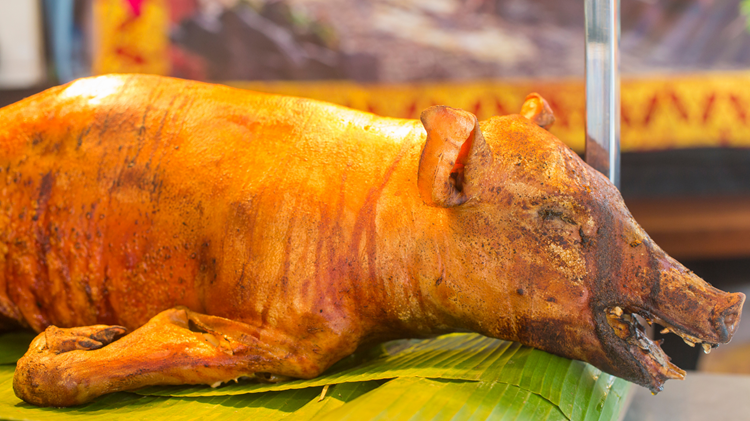 Traditional Babi Guling, a famous Bali food featuring whole roasted suckling pig served in Balinese style.