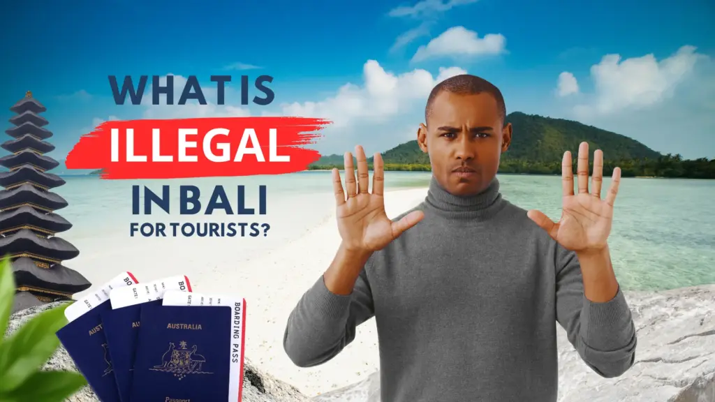 What Is Illegal in Bali for Tourists – traveler raising both hands with a Bali beach and temple in the background.